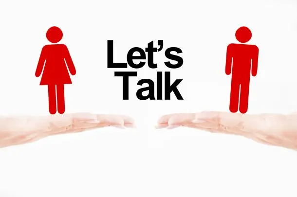 Graphic showing a female and male figure with the words ‘Let’s Talk’ between them, held on open hands symbolising communication and the start of a conversation