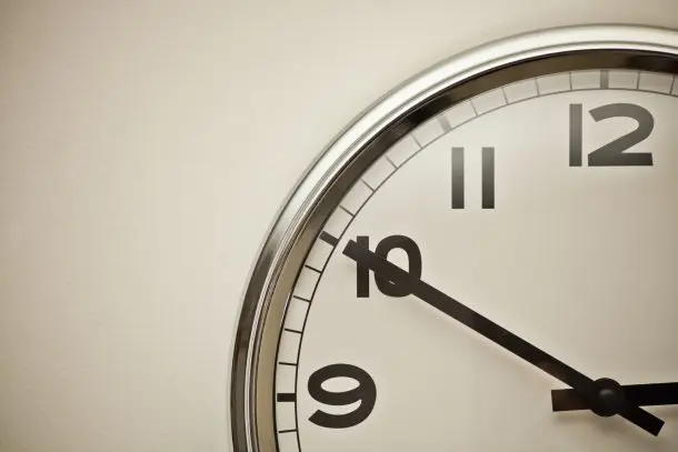 Close-up of a wall clock showing the time at ten past ten, symbolising the importance of taking time for yourself and prioritising mental health