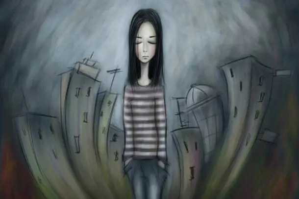 Illustration of a sad young person standing with hands in pockets against a distorted cityscape background, symbolising feelings of isolation and being overwhelmed